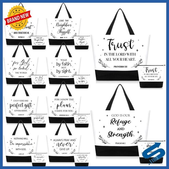 Handbags - Reusable Canvas Tote Bags Set with Cosmetic Cases Christian Inspirational Gift